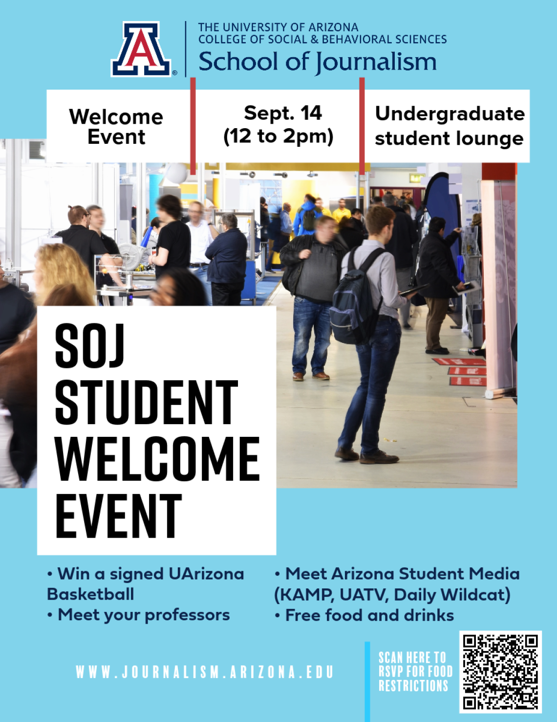 Students walk through a school hallway. Above their heads is text describing the SOJ Student Welcome Event on Thursday, Sept. 14 from 12 to 2pm.