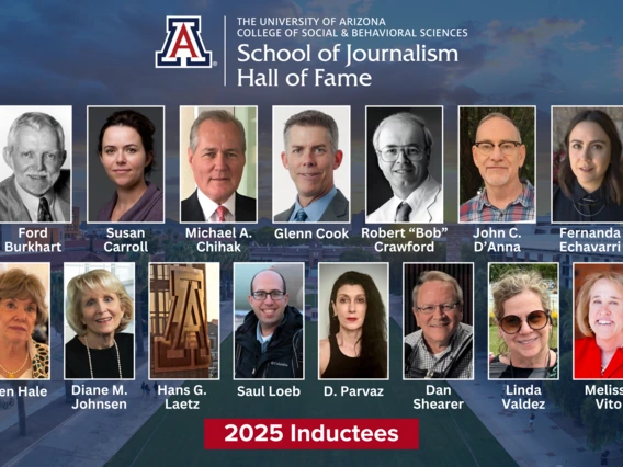 A collage shows the photos of fifteen Journalism Hall of Fame inductees against a blue background