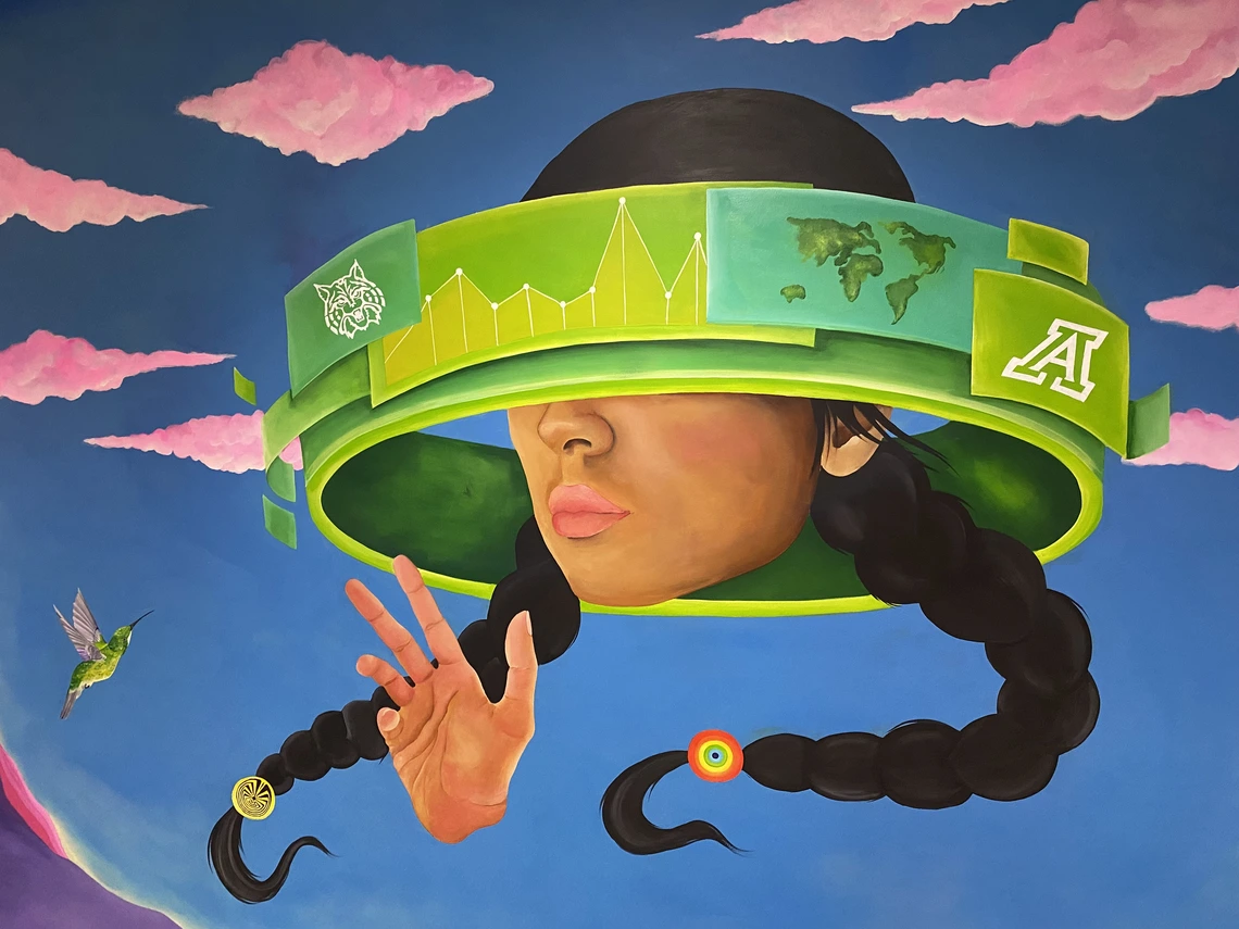 A painting depicts a woman with virtual headset on in front of a desert landscape