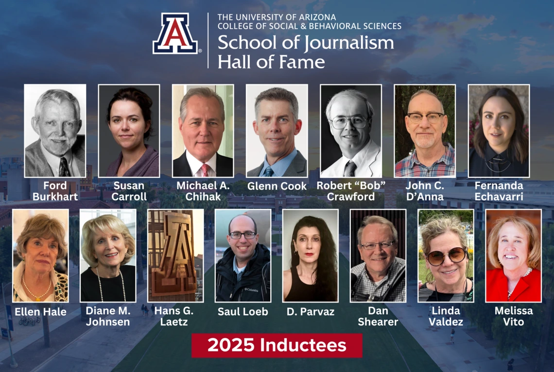 A collage shows the photos of fifteen Journalism Hall of Fame inductees against a blue background