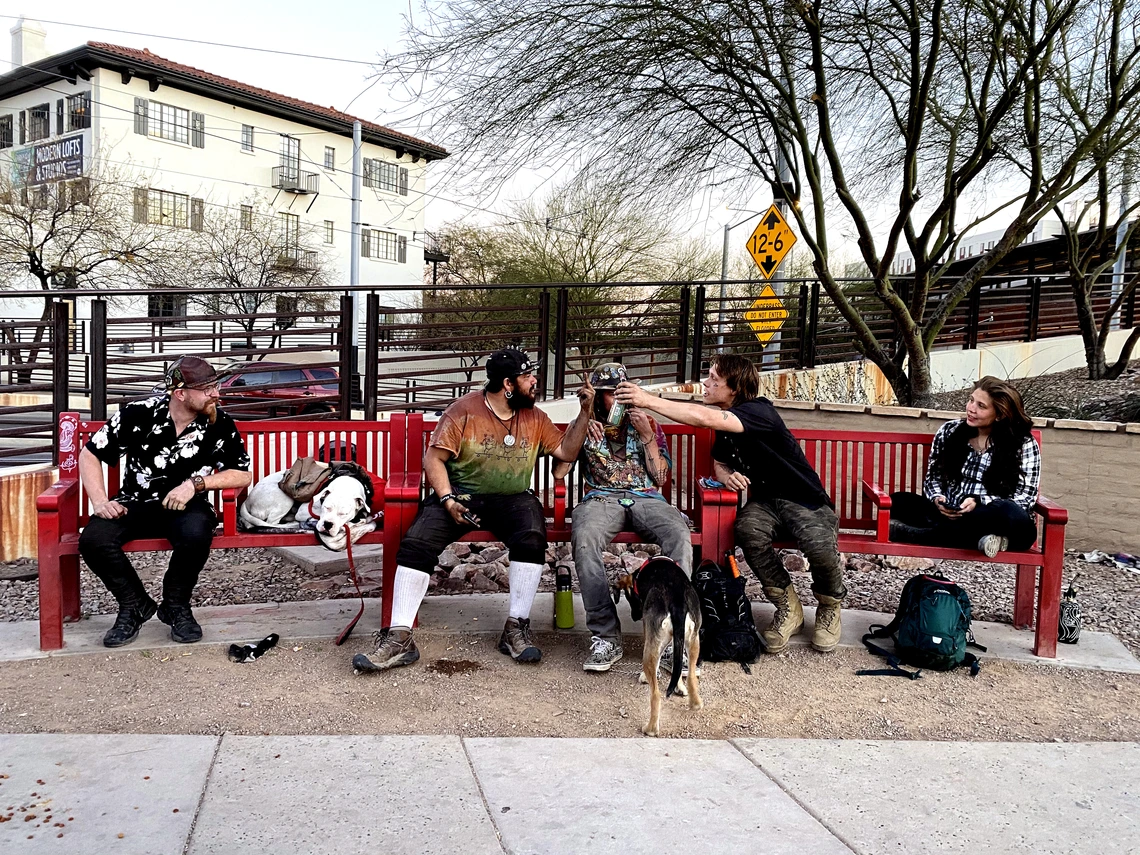 People around a bench