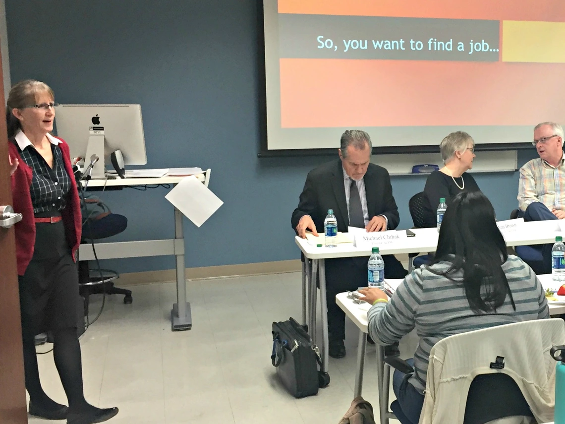 Internship Coordinator Renée Schafer Horton introduces a career panel.l