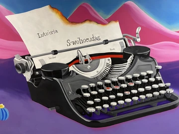 A mural shows a piece of partially burned paper sitting in a typewriter