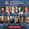A collage shows the photos of fifteen Journalism Hall of Fame inductees against a blue background