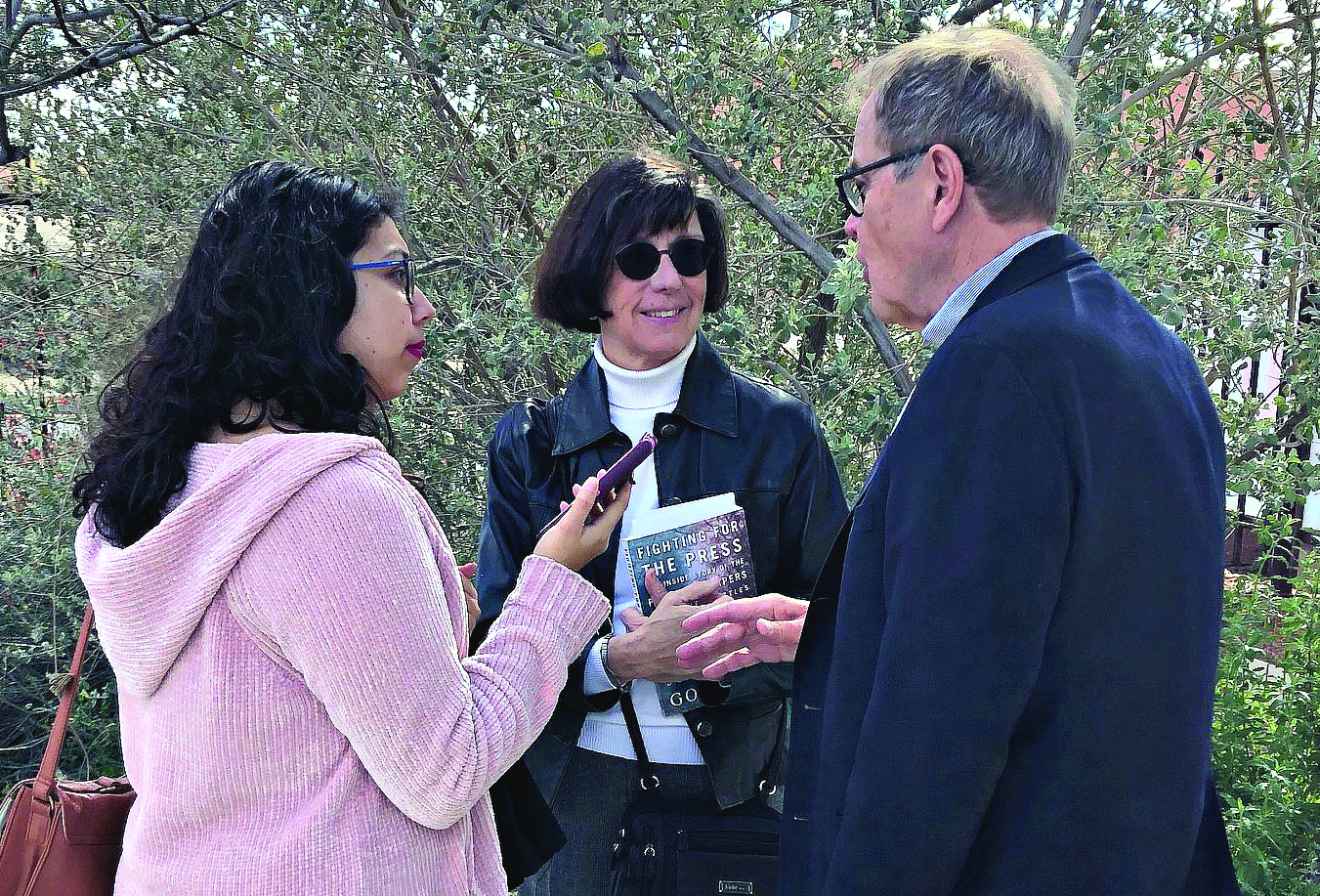 Vanessa Ontiveros interviews Journalism on Screen co-hosts Sharkey and Schmidt.