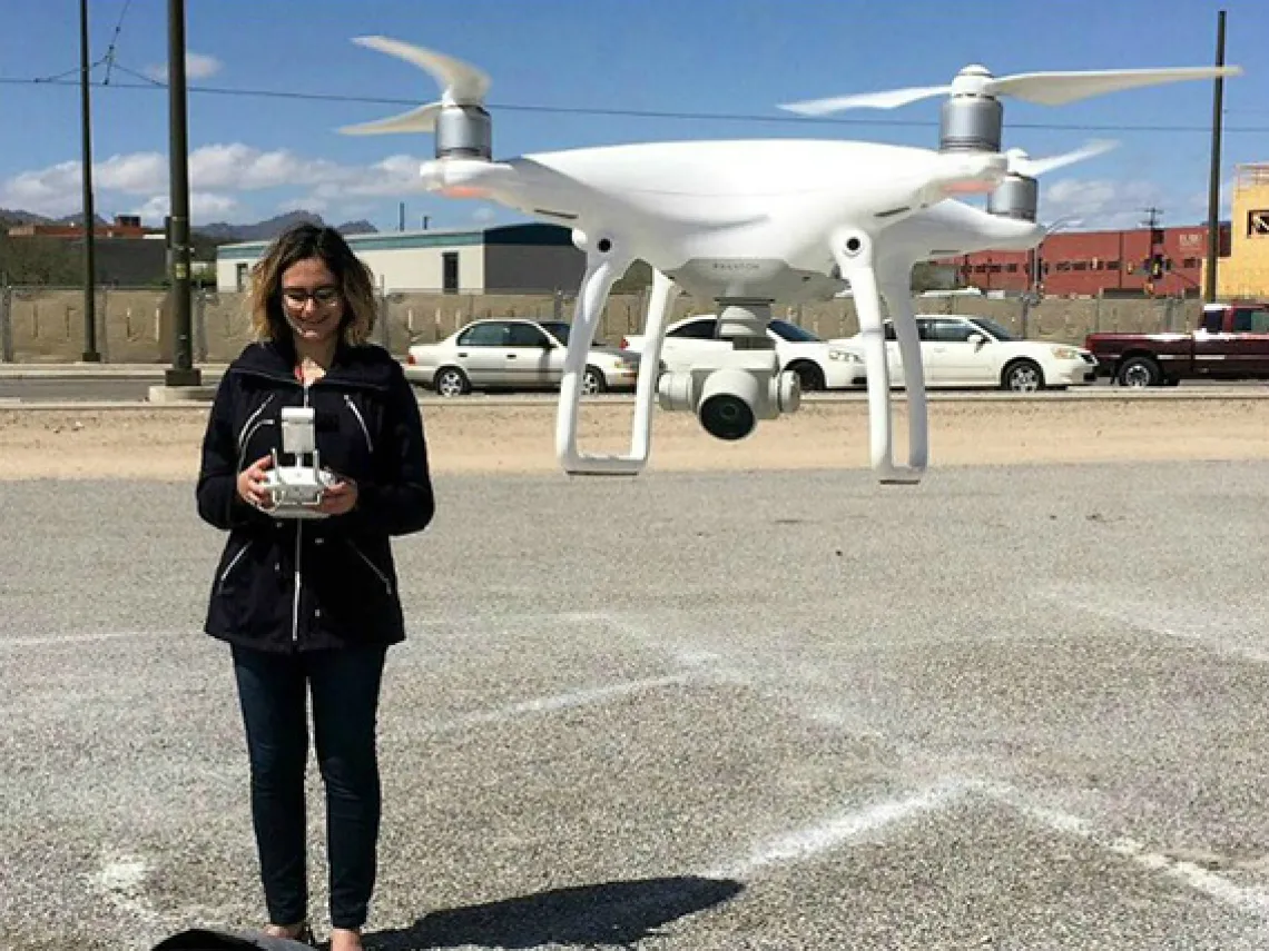 Student Rocky Baier learning to fly drone