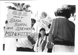 Students protest the proposed elimination of the journalism program, 1994-96.
