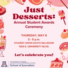 Pink dessert-themed design with red text about Just Desserts event info